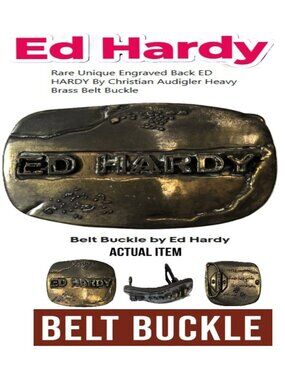 🛑 ED HARDY ➕ CHRISTIAN AUDIGLER 🆒 BELT BUCKLE Rare Engraved Brass 💸BUY NOW‼️